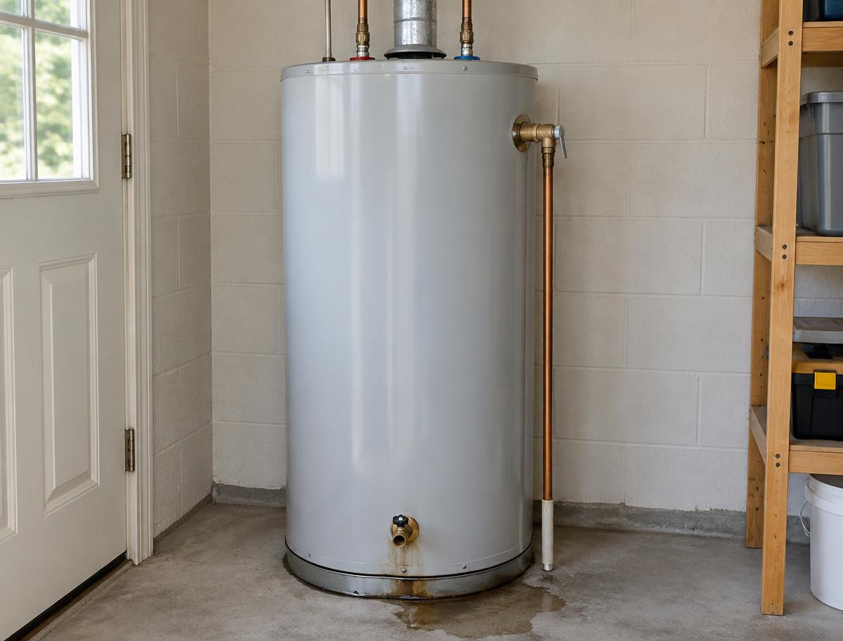 Illustration of a tank water heater with top pipe connections, a side relief discharge pipe, a lower drain valve, and water pooling at the base.